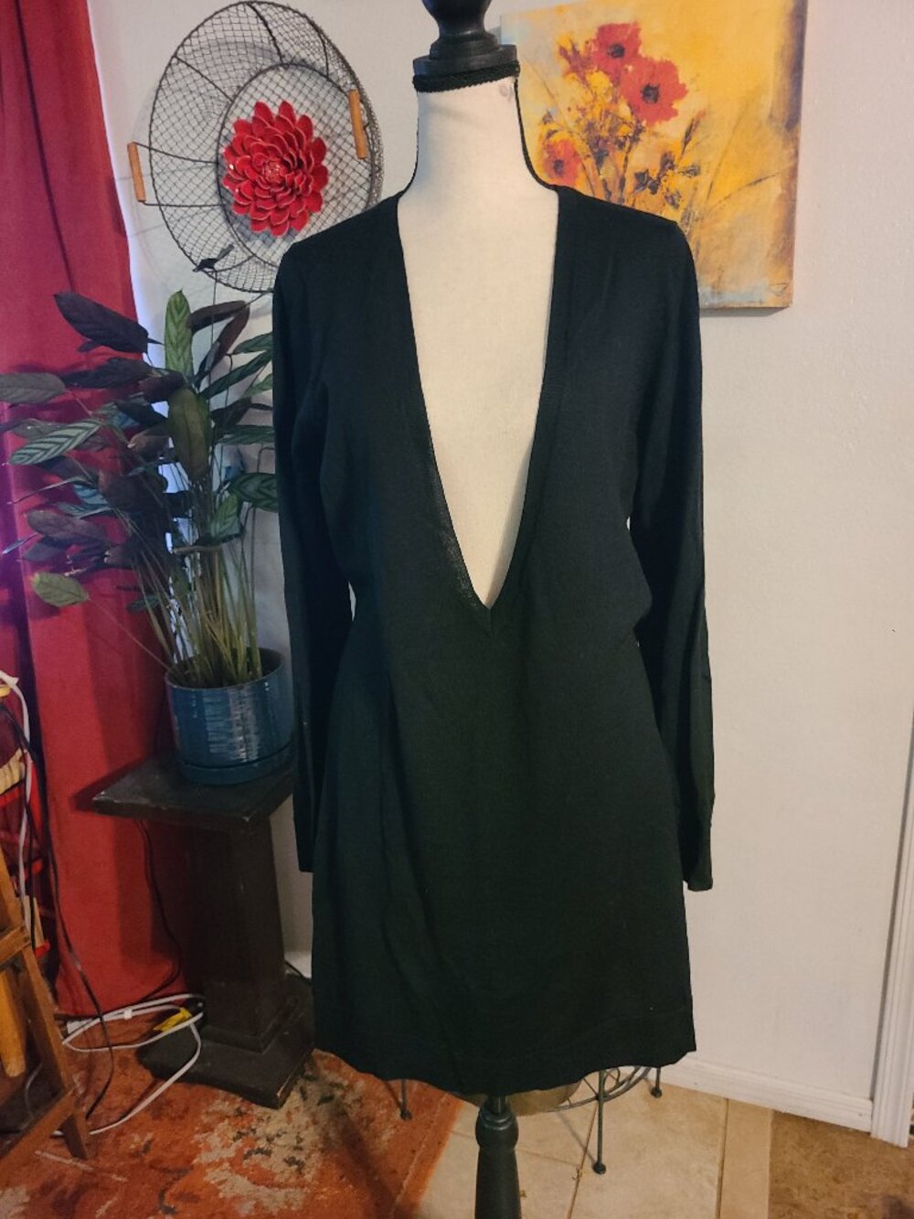 NWT Ann Taylor Black V Neck Midi Sweater Dress Tunic L Wool Cashmere Blend